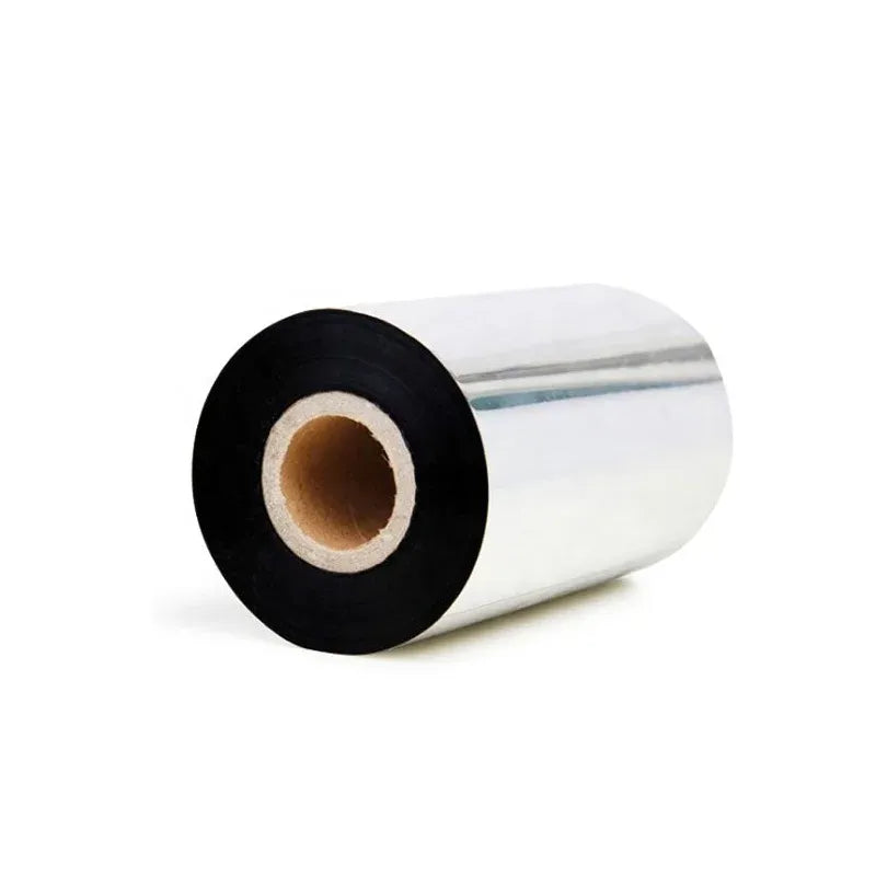 Thermal transfer ribbon roll with black outer layer and visible cardboard core