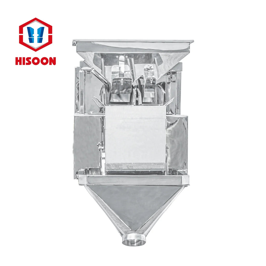 Stainless steel linear weigher with front access panel and funnel hopper
