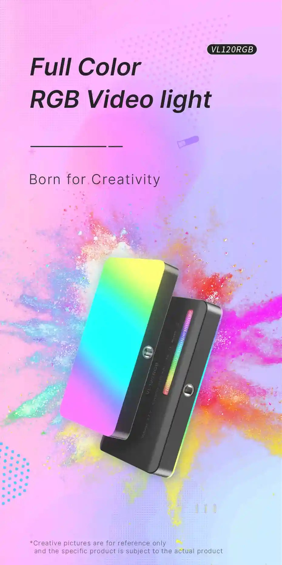 VL120RGB portable rectangular LED video light panel with a black housing, shown glowing with vibrant rainbow colors.