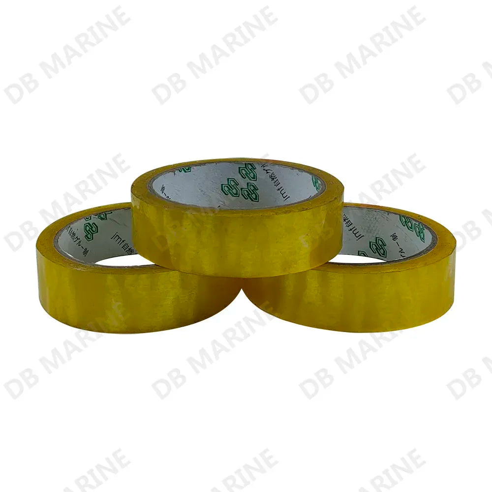 Three yellow transparent packing tape rolls stacked with printed inner cores