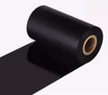 Black wax-based thermal transfer ribbon roll with center core and unspooled strip