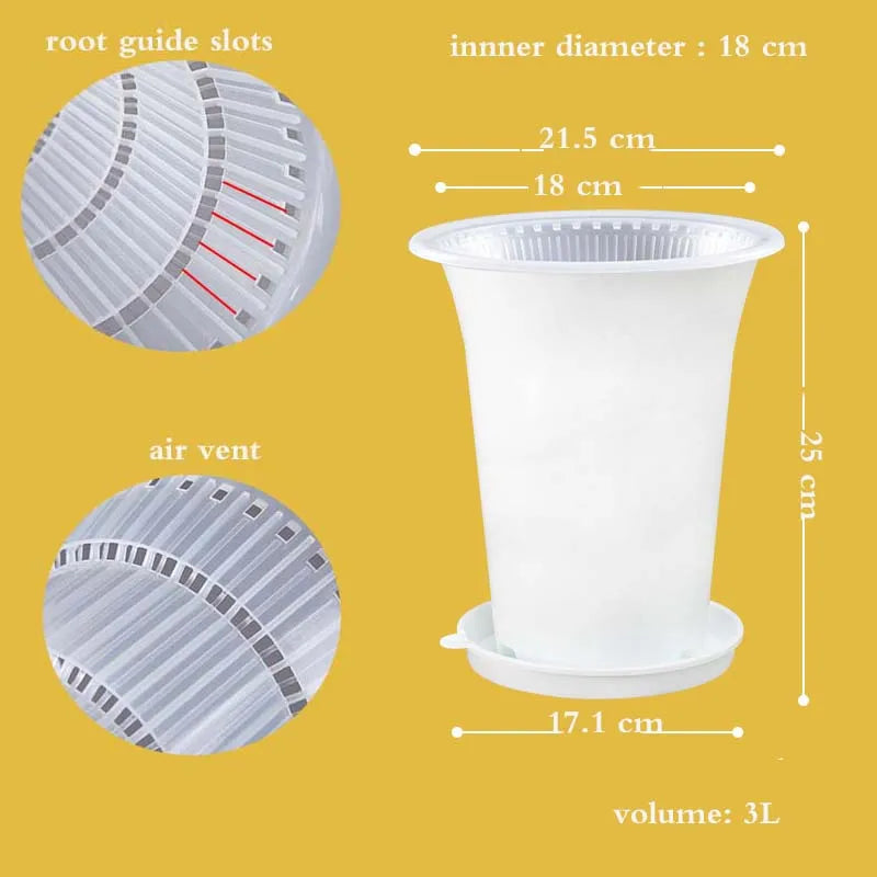 White plastic orchid planter with air vents, double-layer base, tall high-waist shape.