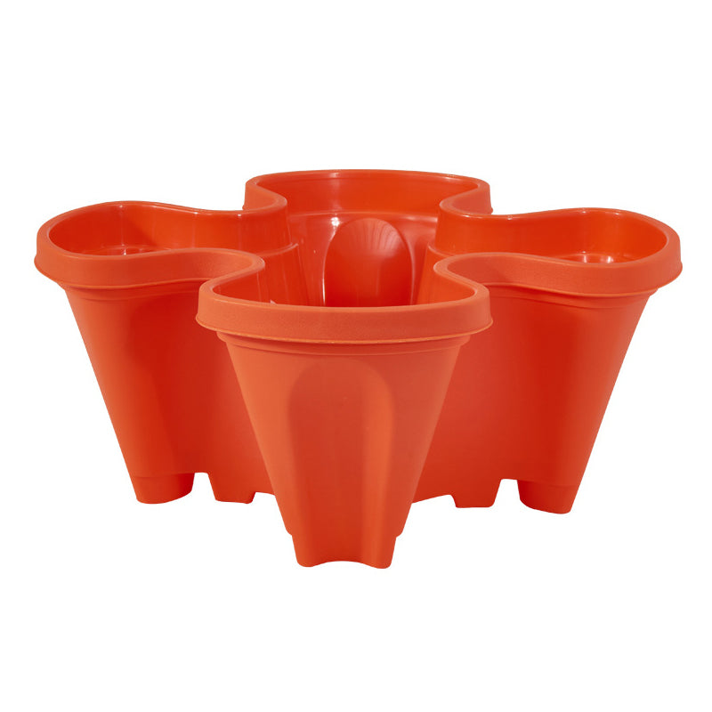 Stackable plastic flower pot set in red, three connected vertical planters.