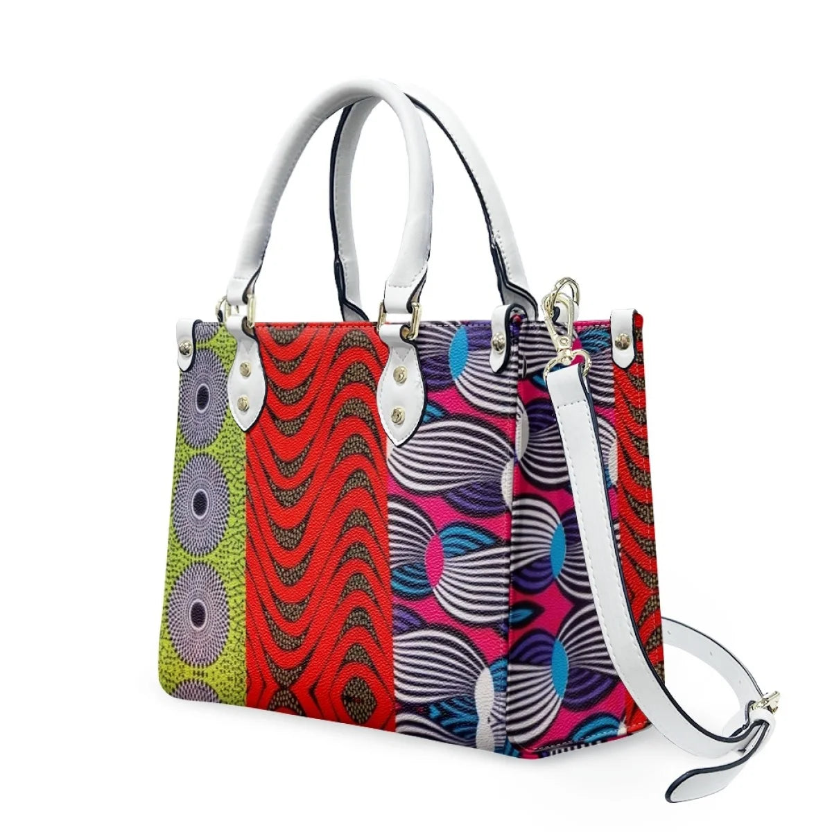 Large leather trunk-style handbag with colorful Polynesian tribal patterns, white handles, and detachable shoulder strap.
