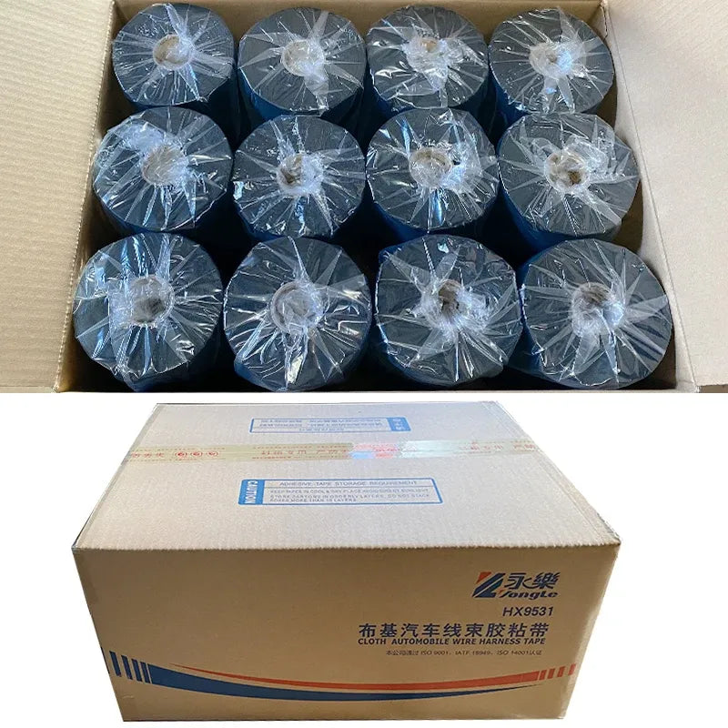 Box of wrapped cloth automotive wire harness tape rolls, ready for shipping
