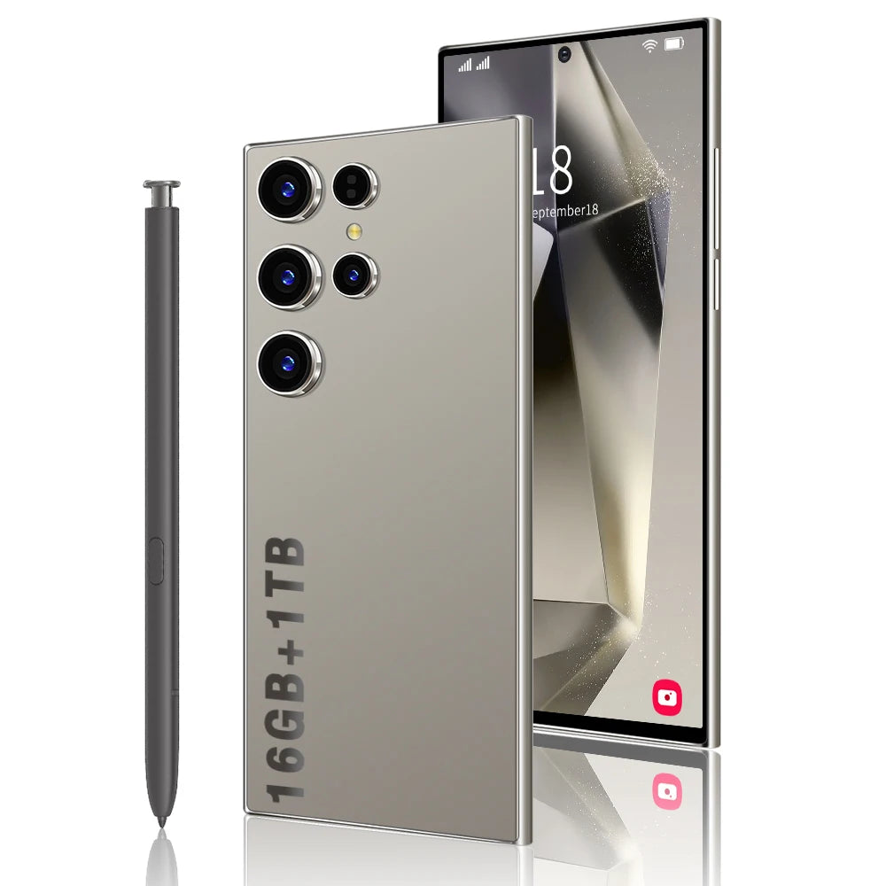 Gray 5G smartphone with quad cameras and stylus, front and back shown