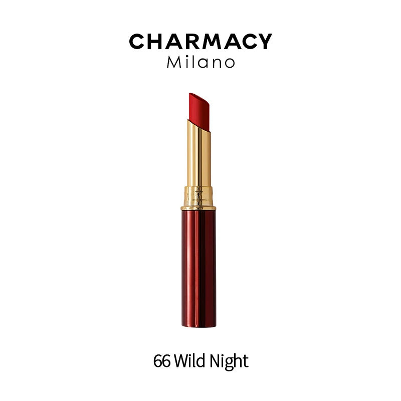 Charmacy long-lasting matte lipstick in 66 Wild Night. Waterproof velvet red lipstick in elegant gold tube packaging.