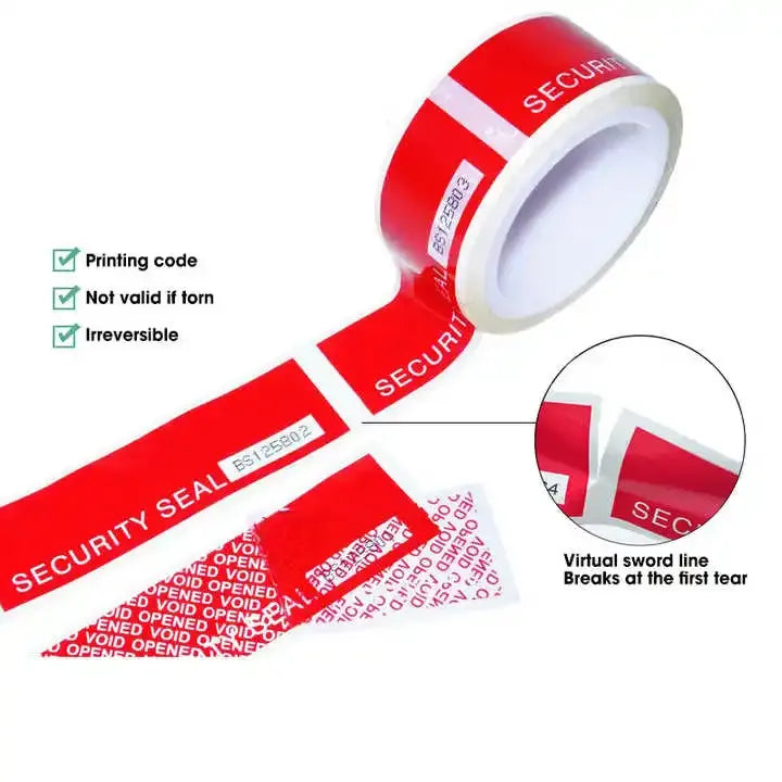 Red security seal tape roll and strip, with VOID icons and break-mark line detail