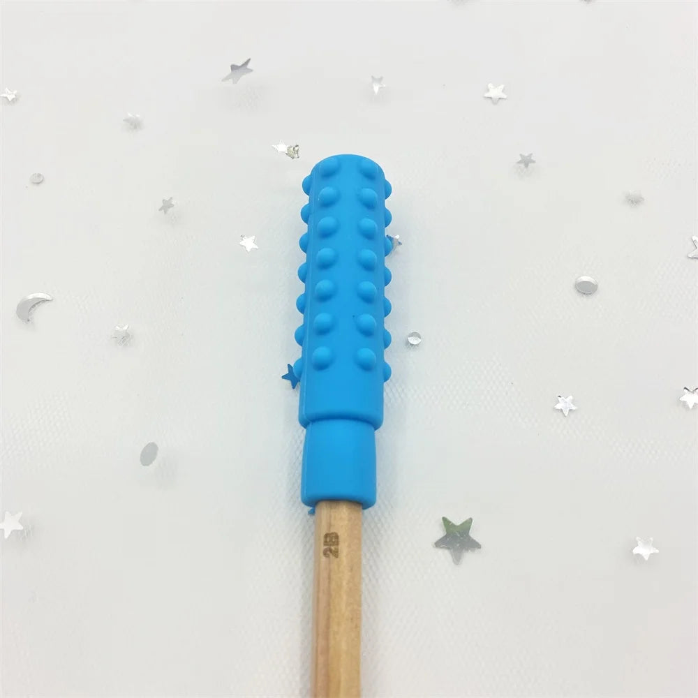 Blue silicone baby teething toy topper for pencil relief.