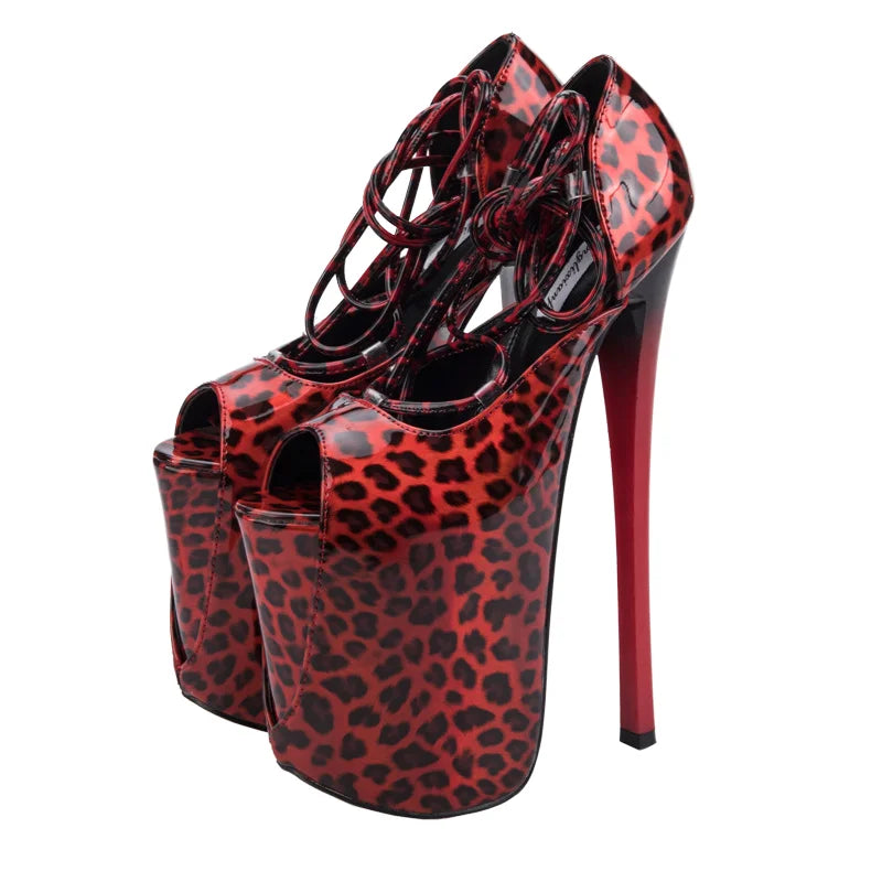 Sexy Lovers Summer PU Leopard Ankle Strap Lace-Up Open Toe Super High Thin Heels Women's Pumps with Cushioning