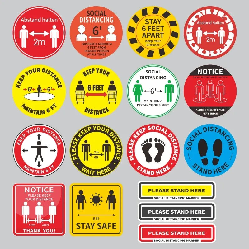 Sheet of social distancing floor decal stickers with multiple icons and colored designs