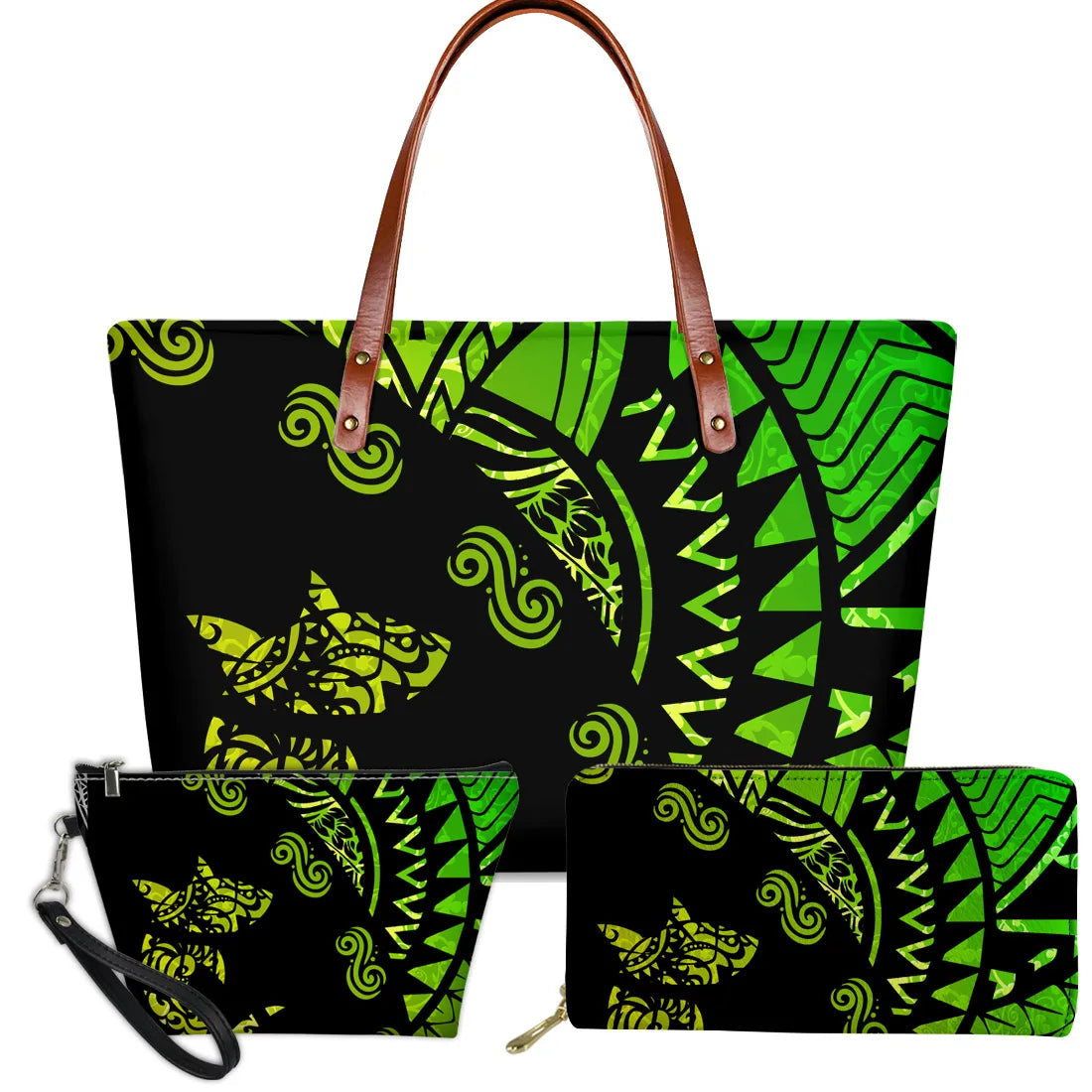 3-piece green and black Polynesian tribal turtle print handbag set with brown leather handles and matching purses.