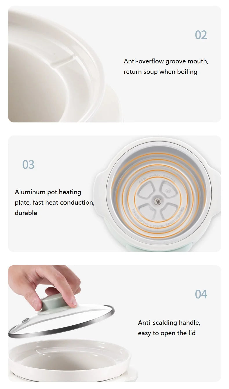 Slow cooker feature diagram: anti-overflow mouth, heating plate rings, and easy lid handle