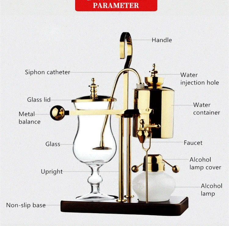 Gold and glass Belgian balance siphon coffee maker with alcohol lamp, wooden base, and labeled parts diagram.