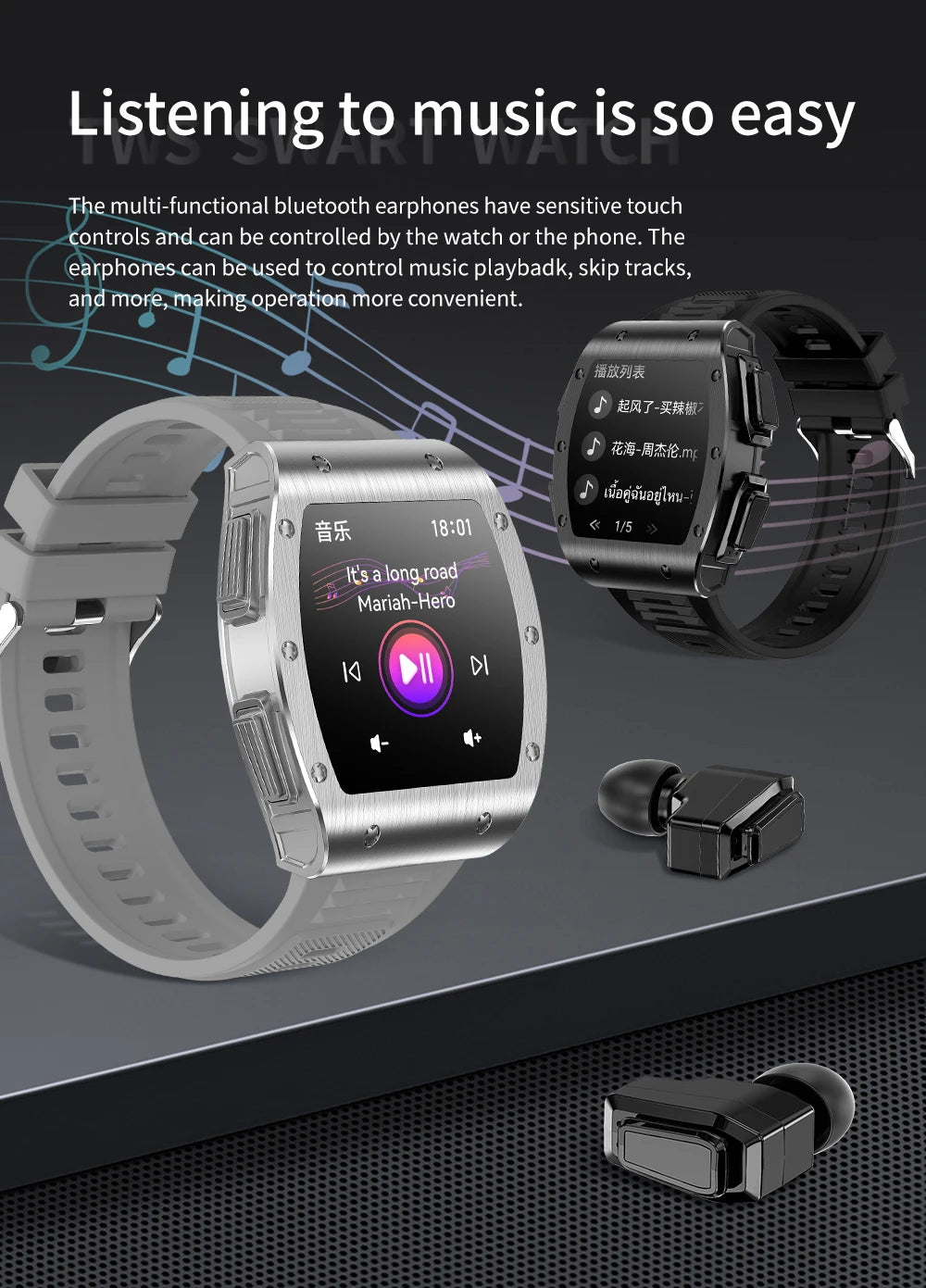 Jm09 2-in-1 TWS Smart Watch Wireless Earphones IP67 Waterproof Blood Oxygen Monitor Compass for Men's Sports Smartwatch Earbuds Tidesmit