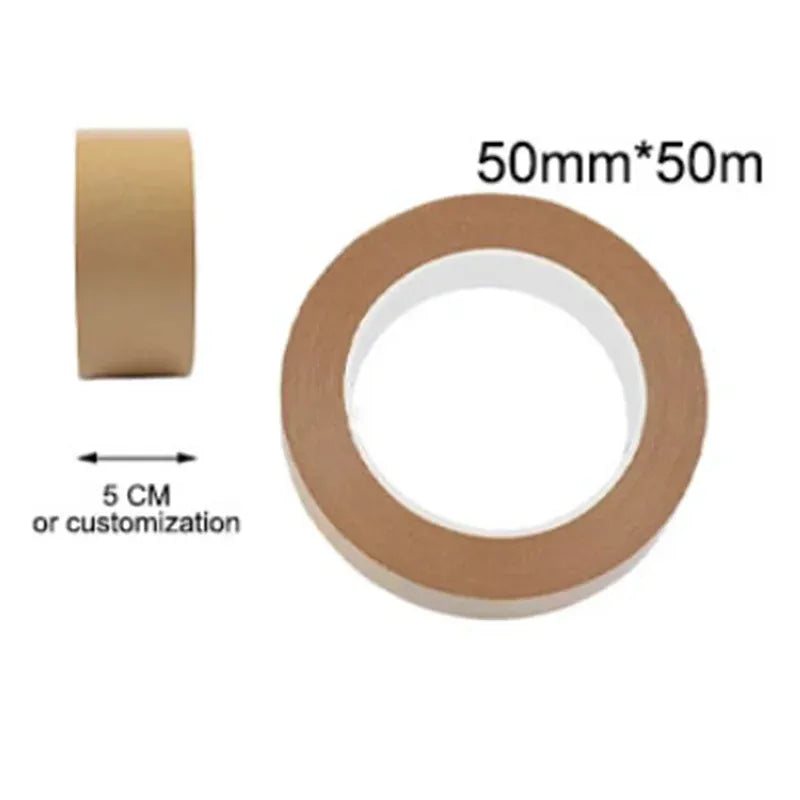 50mm x 50m kraft paper tape roll with size label and core visible