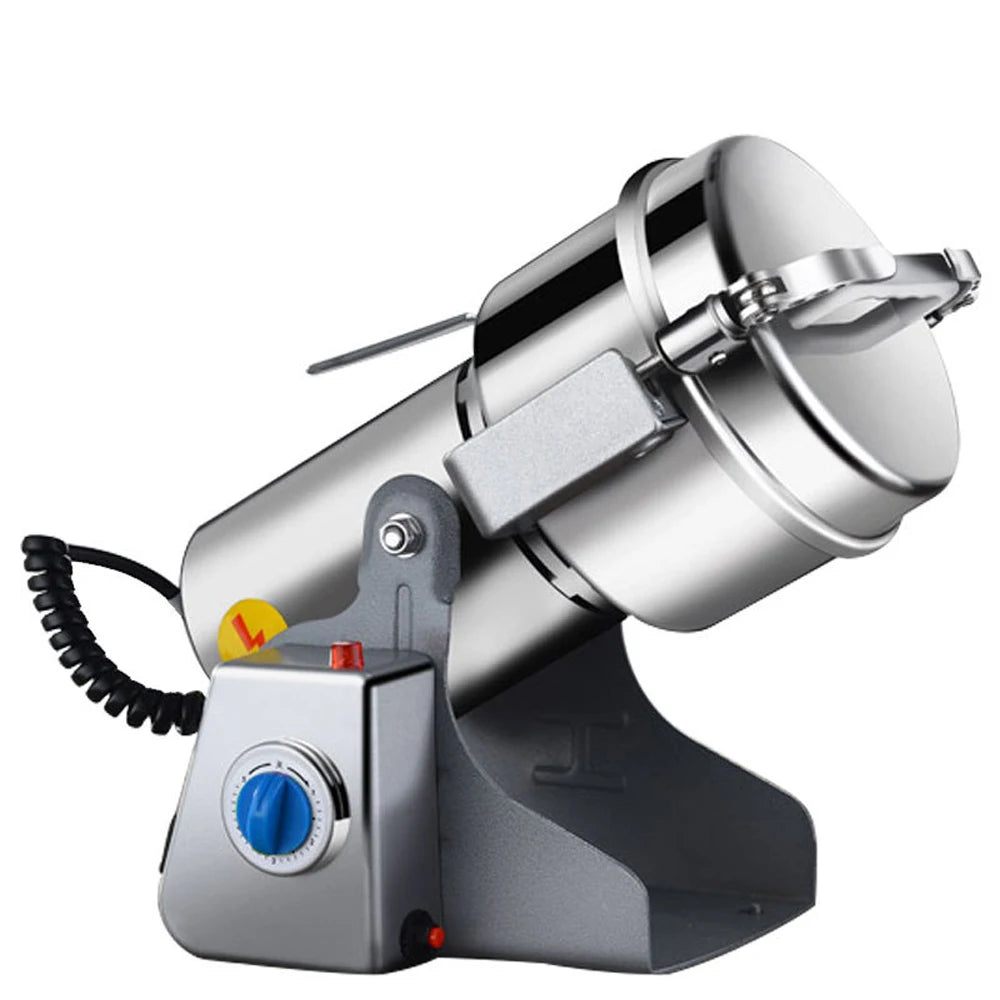 Stainless steel high-speed electric grain and coffee grinder with swing design, timer dial, and heavy-duty base.