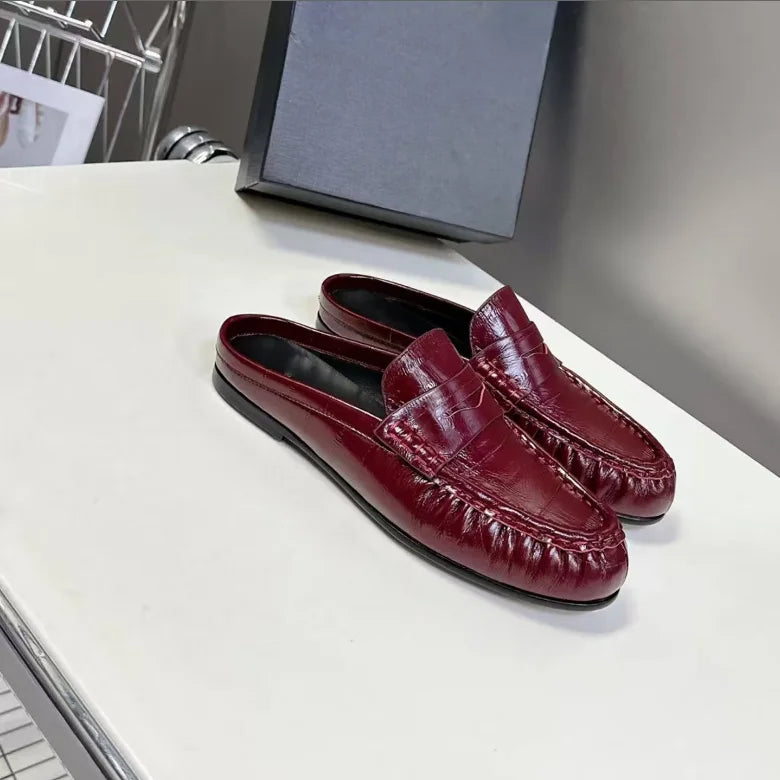 Women's Genuine Leather Loafers Ruched Backless Mules Comfortable Flat Slip-ons Soft Casual Walking Shoes Spring Slides