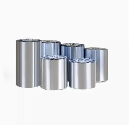 Multiple rolls of silver thermal transfer ribbon stacked for storage