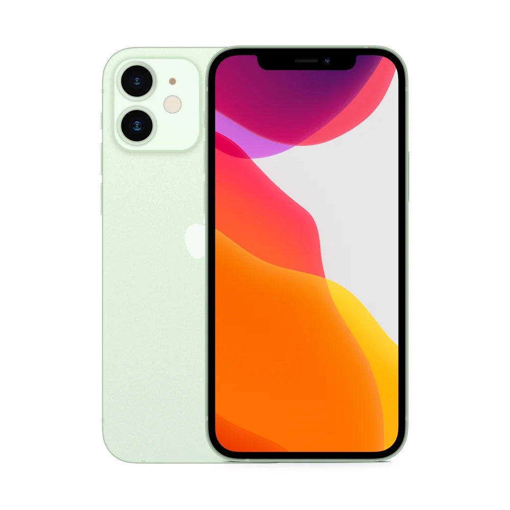 Green Apple iPhone 12 Mini, 5.4-inch OLED display, dual-camera system, front and back view, unlocked 5G smartphone.