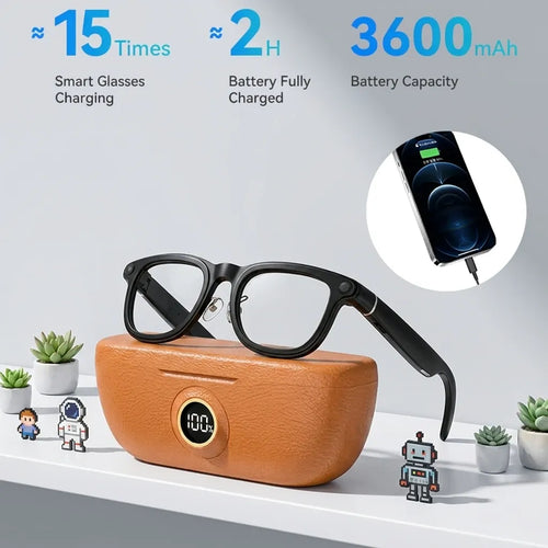 Black square acetate smart glasses with clear lenses and tech-integrated frame on a luxury charging case.