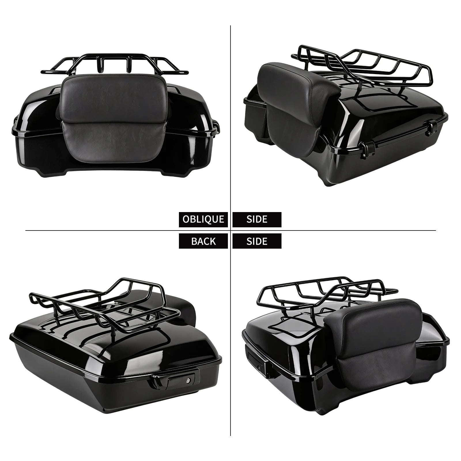 Glossy black motorcycle tour pack trunk with passenger backrest and luggage rack for Harley Touring models 2014-2025.