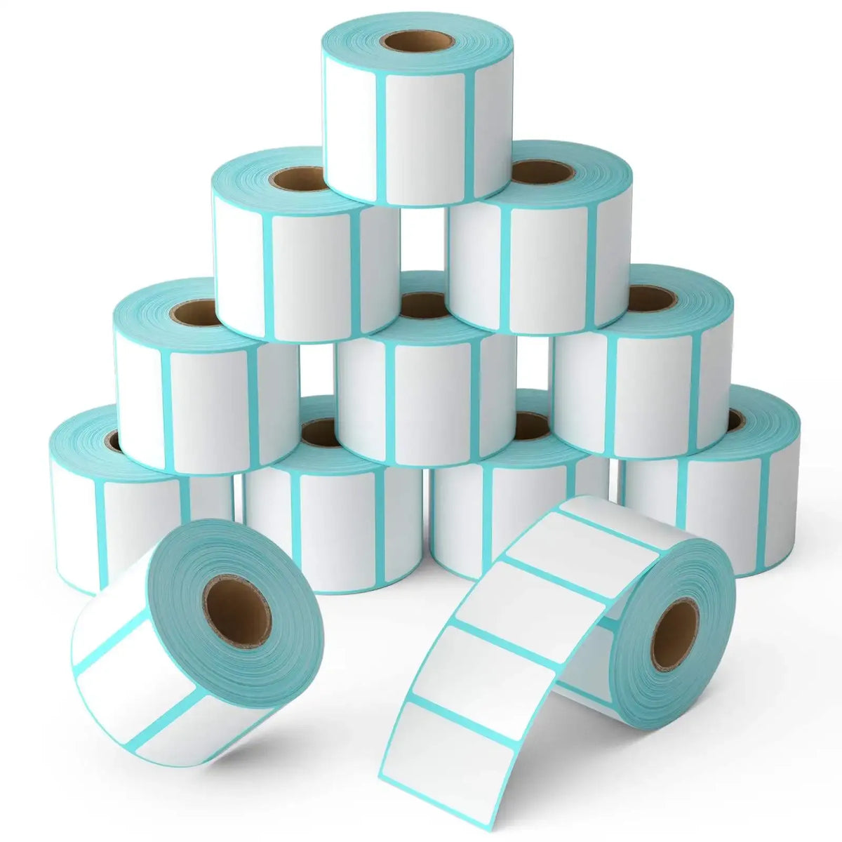 LTLL thermal label paper stack with multiple white rectangular labels and teal backing
