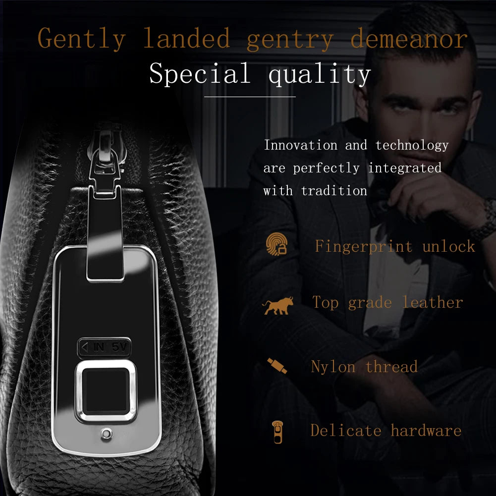 Luxury black genuine leather men’s designer briefcase with integrated fingerprint lock security and premium hardware.