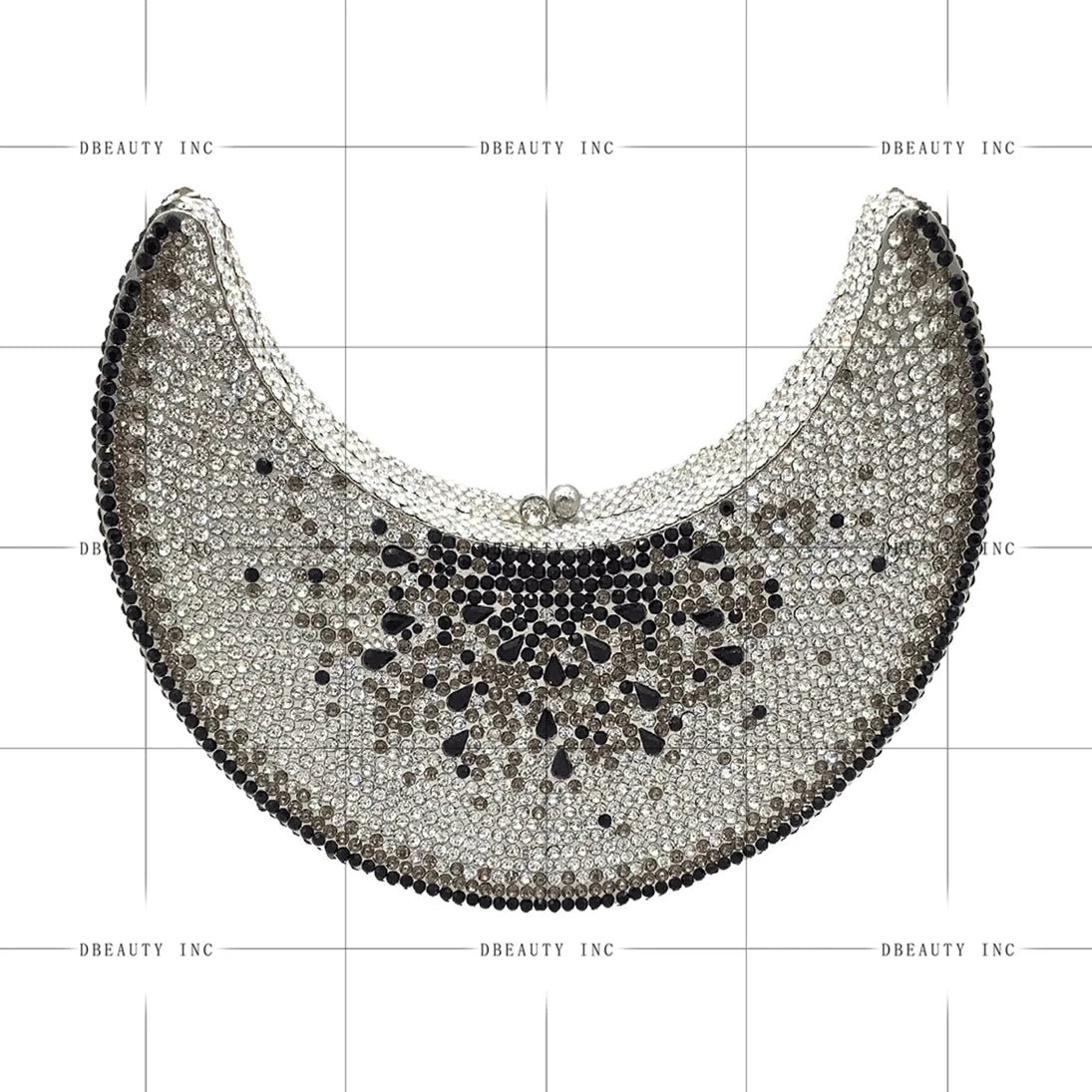 Moon-shaped designer evening clutch covered in silver and black rhinestones for luxury wedding style.