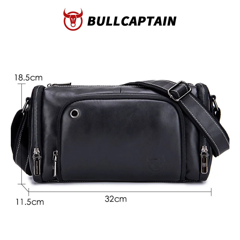 BULLCAPTAIN black cowhide leather messenger trunk bag for men with adjustable shoulder strap and multiple zip pockets.