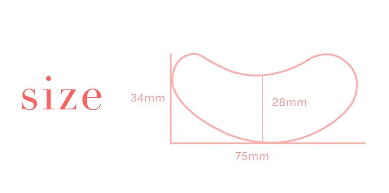 Size chart diagram for pink under-eye gel patches for eyelash extensions with 75mm x 34mm dimensions.