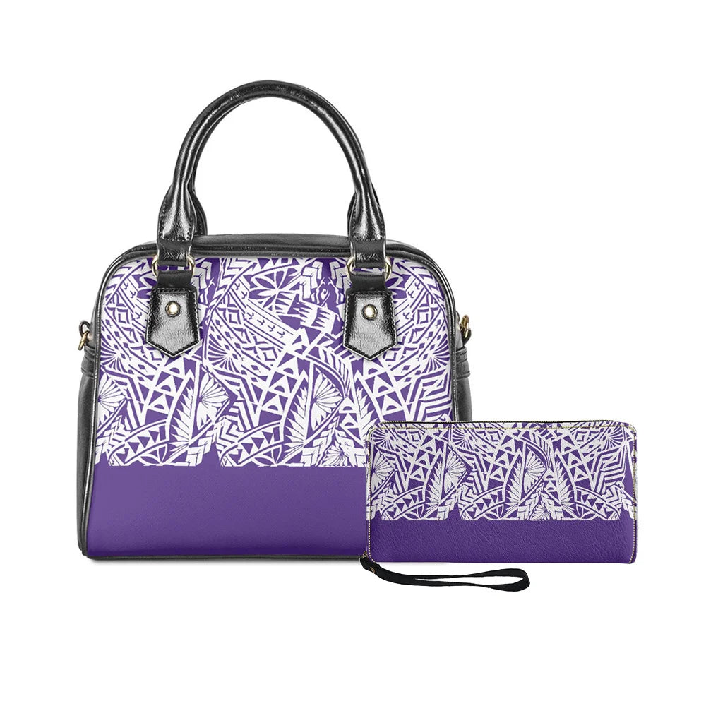 2-piece purple and white Polynesian tribal print handbag set with monster leaf design and matching clutch wallet.