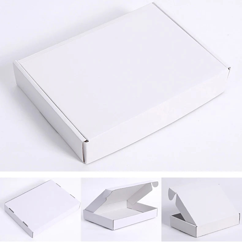 White kraft shipping mailer box with hinged flap, simple tuck-lock closure.