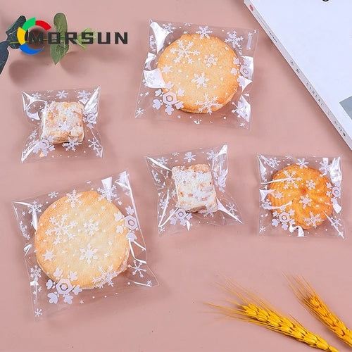 Snowflake clear cellophane cookie treat bags, self-adhesive resealable, snowflake pattern