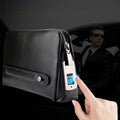 Black genuine leather designer handbag for men with secure fingerprint lock and metal zipper, luxury travel briefcase.
