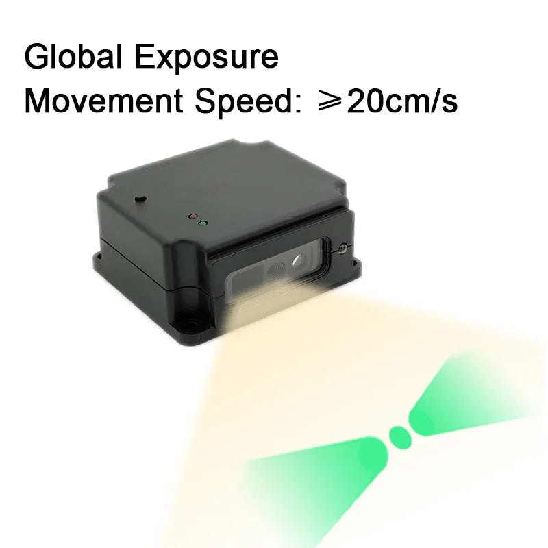 Compact 2D barcode scanner box with scan window and small status LEDs