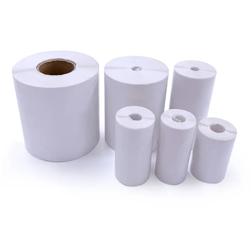 Assorted thermal label roll sizes with center cores, adhesive barcode label paper