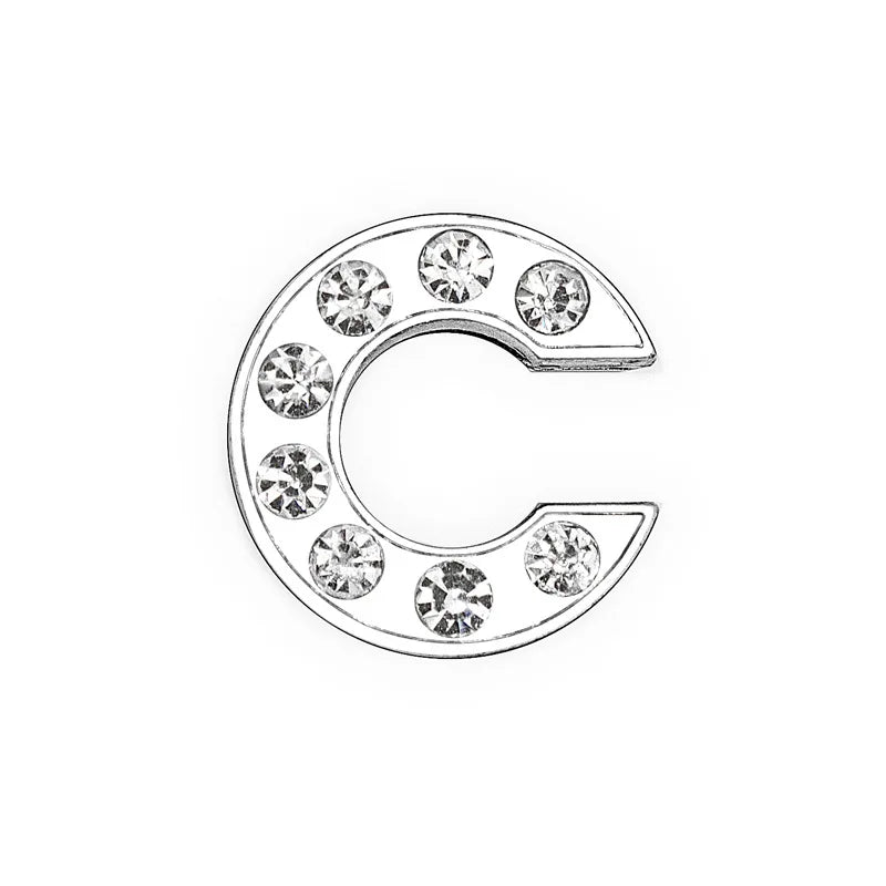 Silver 8mm DIY rhinestone letter C charm for personalized pet collars. Fits 8mm wide straps for custom pet jewelry.