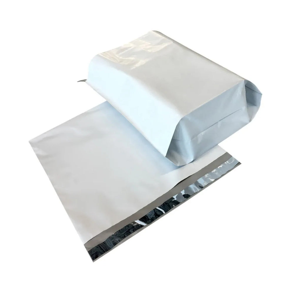 White poly mailer envelope-style shipping bag with light blue inner lining