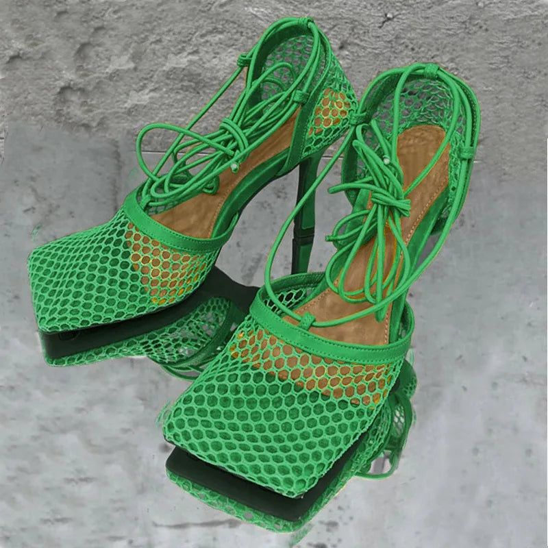 Ankle Strap Talon Haut 2022 Luxury Sexy Lace up Summer Mesh Sandals Square Toe Designer Shoes Women Heels