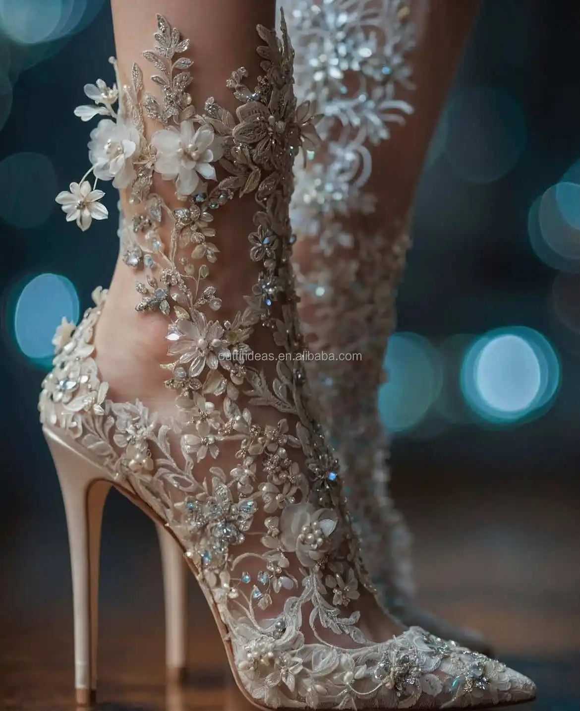 Paradise Elegant Sexy White Rhinestones Heel Flowers Ankle Wrap Tie up Crystal Strap Shoes Sparkly Stiletto Prom Wedding Sandals