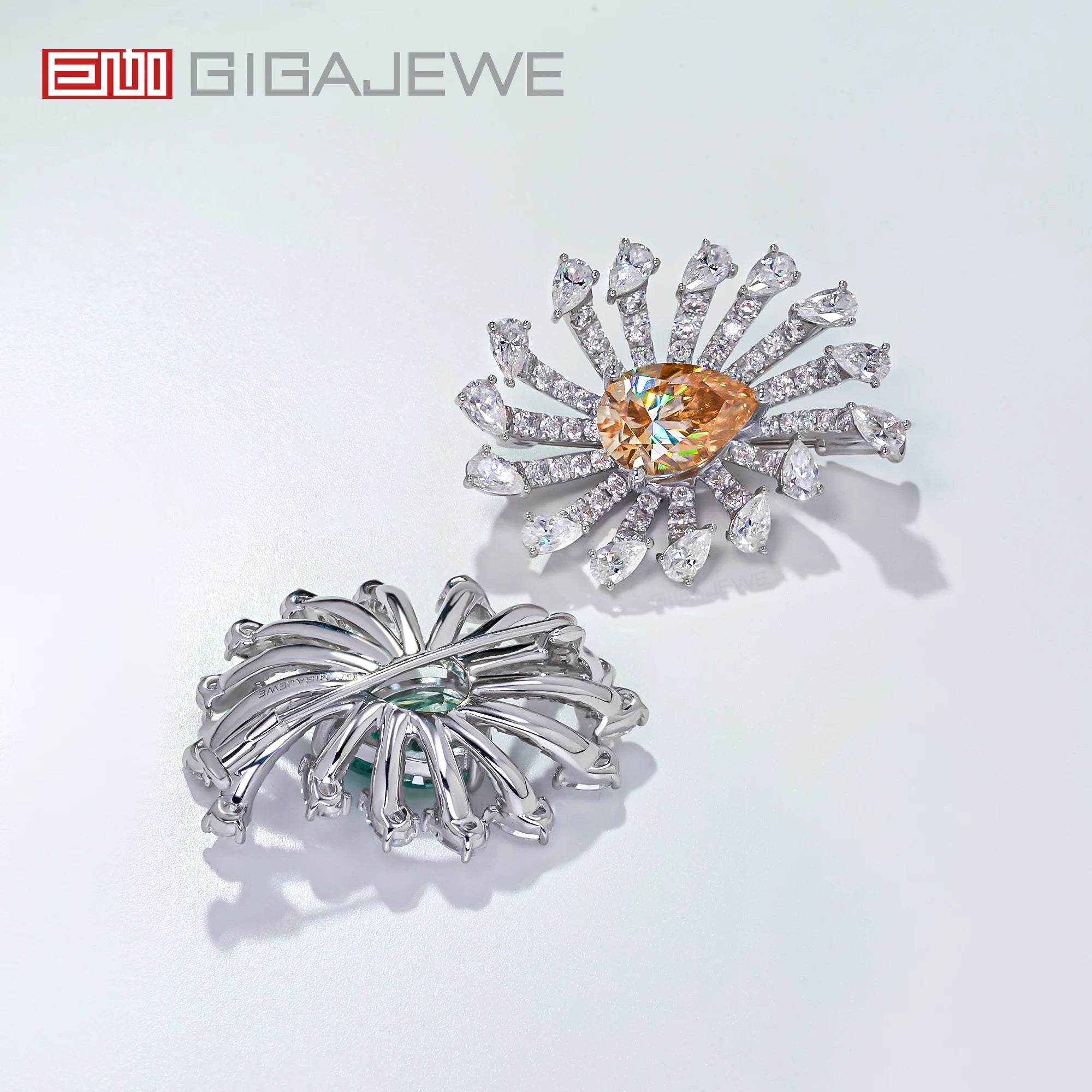 GIGAJEWE 9x13mm Pear Cut Cyan Brown Moissanite Sunburst Brooch 925 Sterling Silver Luxury Animal Flower Lapel Pin for Women
