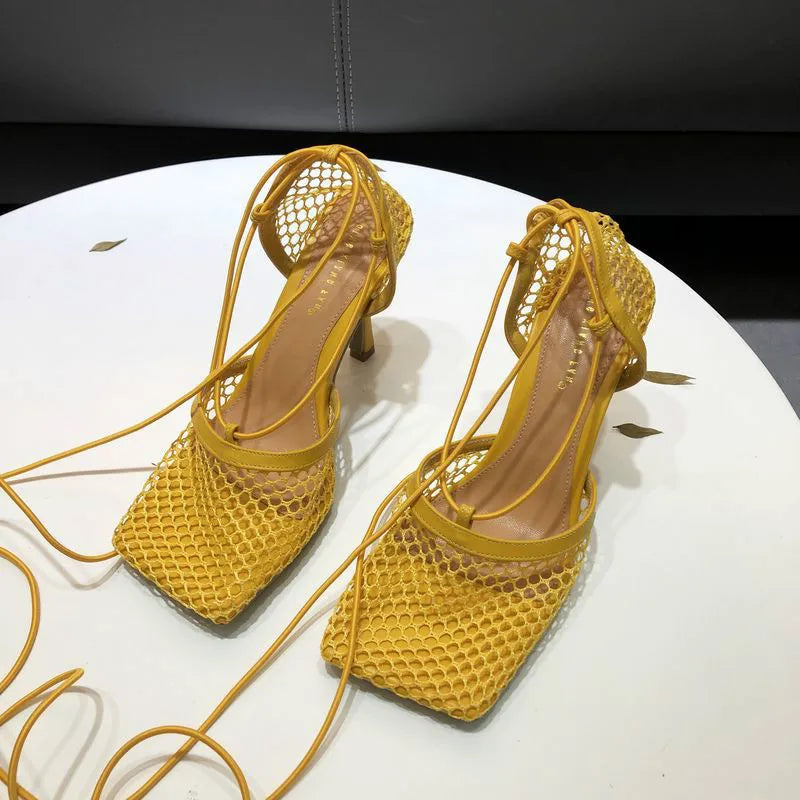 Ankle Strap Talon Haut 2022 Luxury Sexy Lace up Summer Mesh Sandals Square Toe Designer Shoes Women Heels