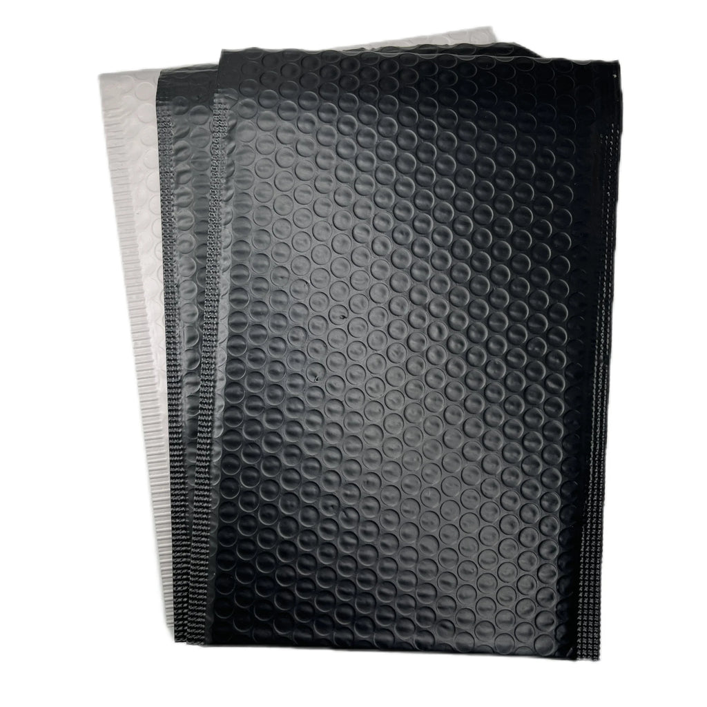 Black bubble mailer shipping bag with raised bubble-texture poly surface.