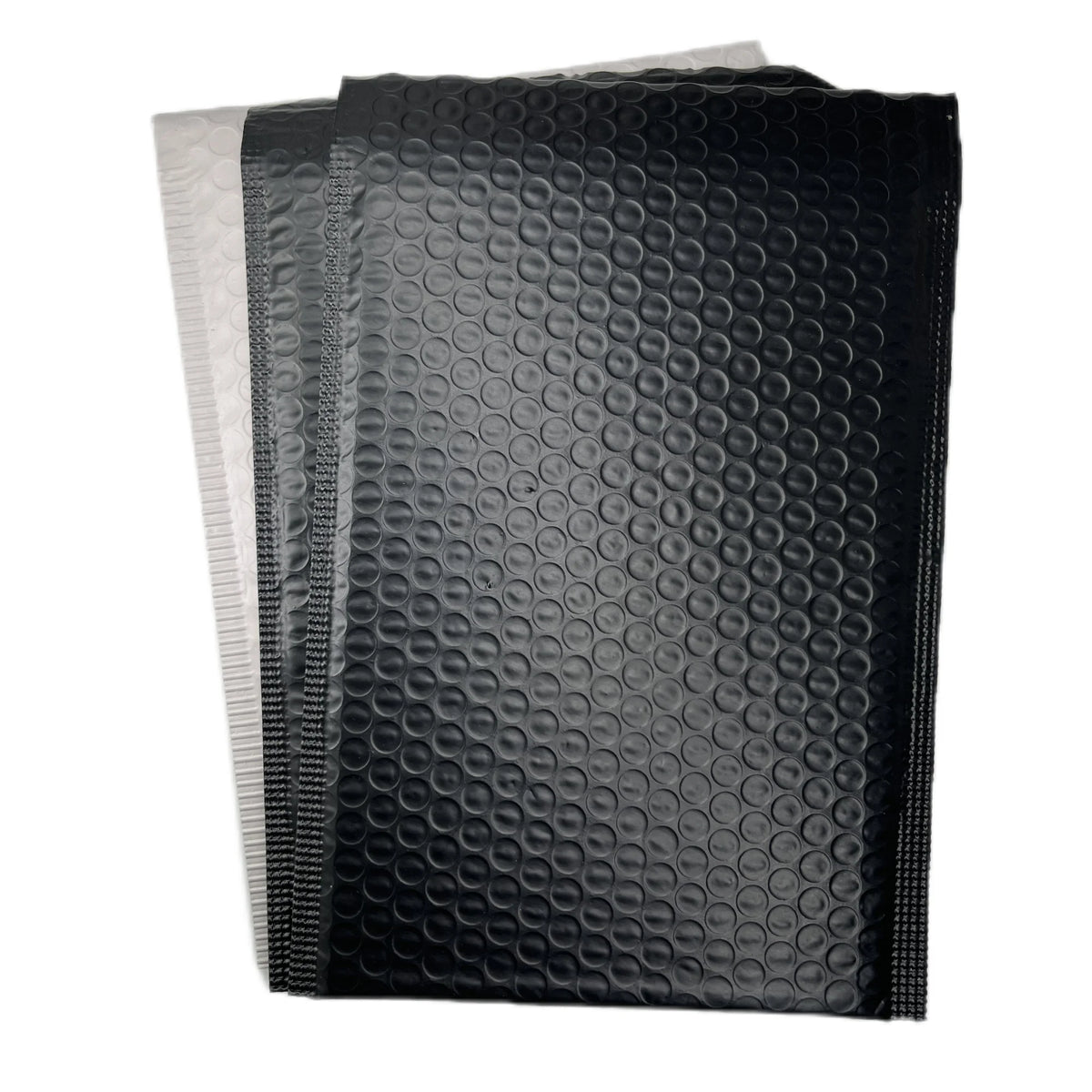 Black bubble mailer shipping bag with raised bubble-texture poly surface.