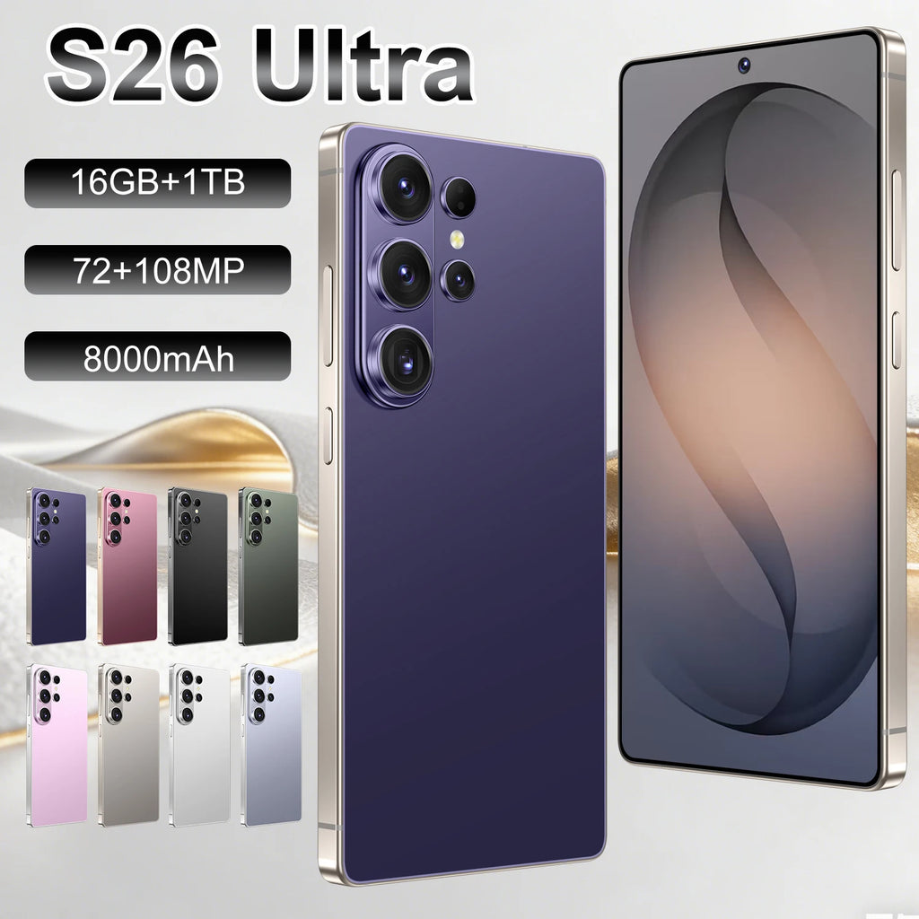 Original S26 Ultra 5G Smartphone with 7.3 inch HD display, 16GB RAM, 1TB storage, and 108MP camera in silver
