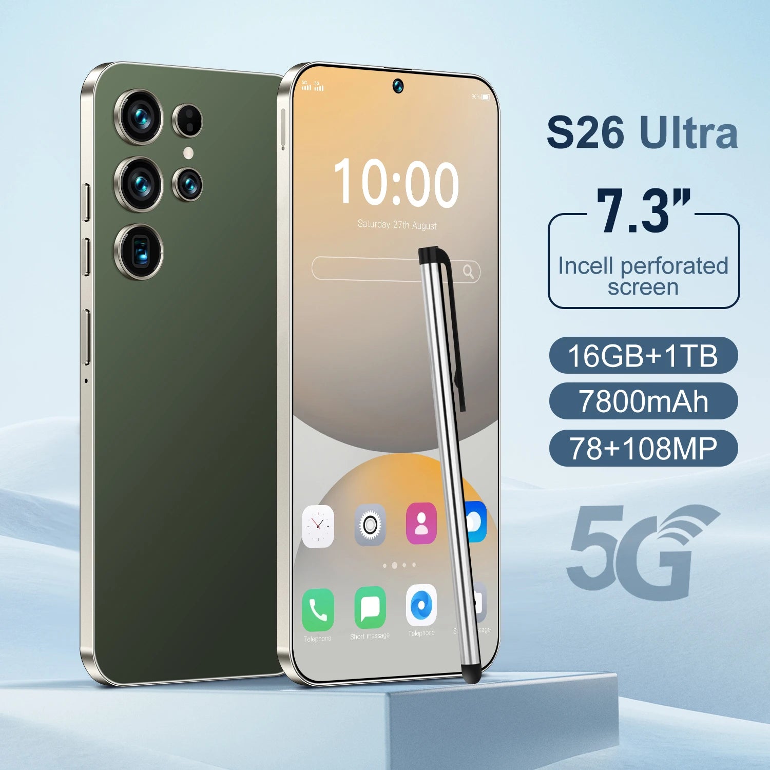 5G Smartphone 16GB RAM 1TB Storage - 7.3-inch HD Display Unlocked Blackish green 16g 1TB Tidesmit