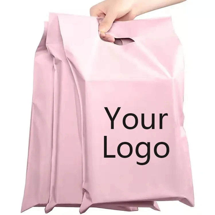Pink poly mailer envelope with handle and printed “Your Logo” text in black