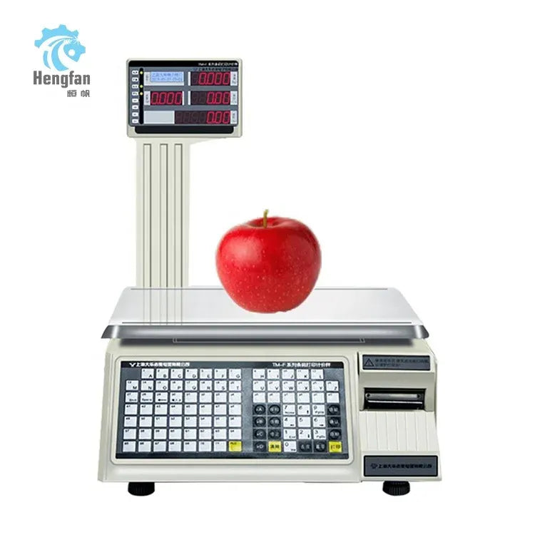 Tabletop electronic weighing scale with front keypad, digital display, and stainless platform.