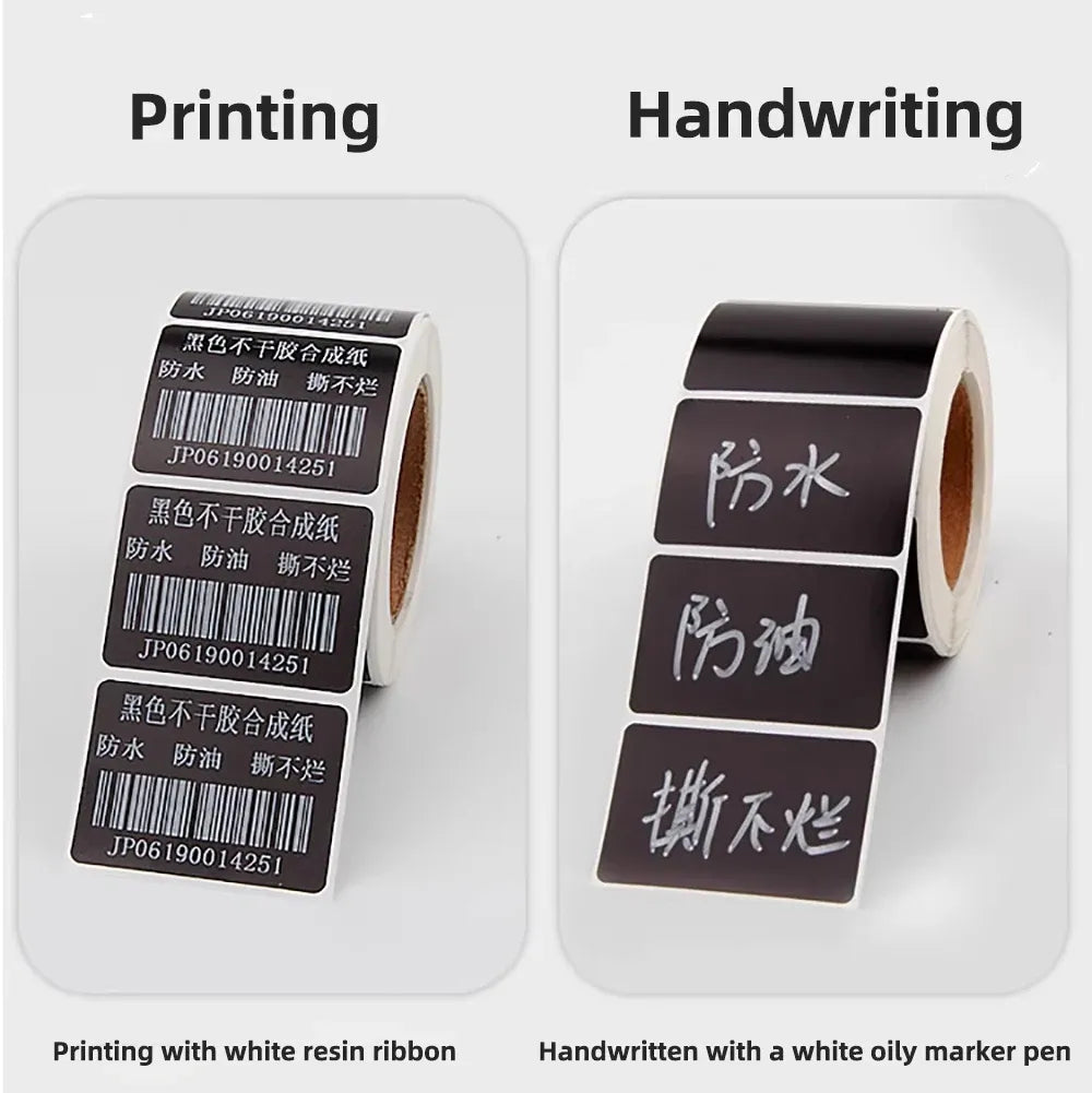 Black thermal label roll showing printed and handwritten style label areas
